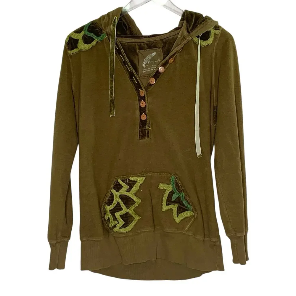 Free People Olive Green Hooded Sweatshirt with Embroidered Accents
